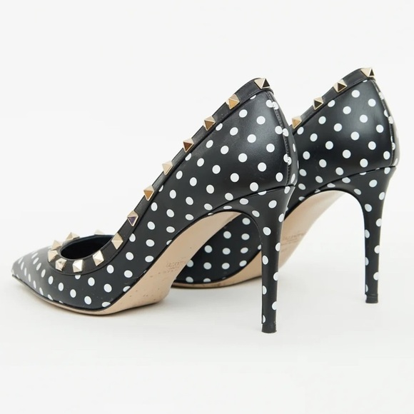 Valentino Rockstud Studded Polkadot Pointed Toe Black Leather Pump Heels - Picture 4 of 5
